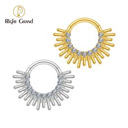 Right Grand ASTM 36 Spark Burst CZ Daith Earring Hoop Front Facing Hinged Segment Clicker Septum Nose Ring Piercing 240117