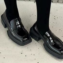 Dress Shoes Black Patent Leather Women Single Slip-On Chaussure Femme Square Toe Tacones Para Mujer Thick Bottom Sapatos Feminino 2024