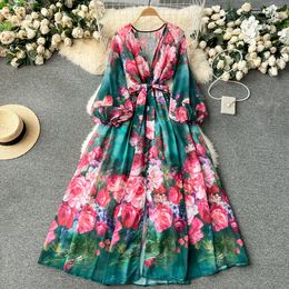 Floral series sexy deep V-neck single breasted lace up waist long dress niche printed chiffon vacation dress