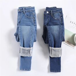 Women Thermal Jeans Winter Snow Warm Plush Stretch Lady Skinny Thicken Fleece Students Pants Female Retro Blue Trousers 240116