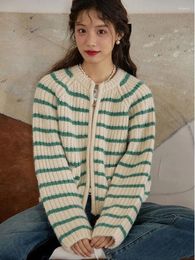 Women's Knits ADAgirl Stripe Knit Zip Up Cardigan Women Vintage O-Neck Long Sleeve Sweaters Korean Christmas Aesthetic Winter Outer Clothes