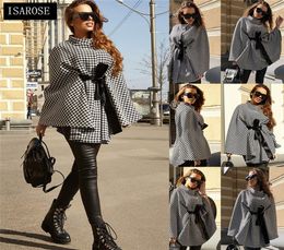 ISAROSE Women Houndstooth Tops Fashion High Neck Silk Belted One Size Short Capes Coat White Black Allmatch Streetwear Cloaks 2103211131