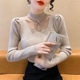 Women's Sweaters 2024 Fall Winter Korean Clothes Knitted Sweater Chic Sexy Patchwork Mesh Shiny Beading Women Long Sleeve Elastic Tops 41057