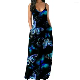 Casual Dresses Butterfly Print Boho Style Long Summer For Women 2024 Beach Vacation Sexy Straps Pockets Maxi Dress Floor Length