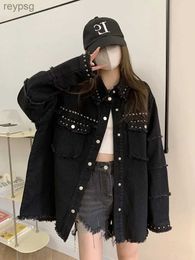 Women's Leather Faux Leather New Spring Autumn Fashion Womens Rivet Denim Jacket Black Full Sleeve Loose Button Short Lapel Wild Casual Coat YQ240116