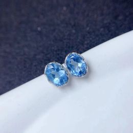 Allergy Free 925 Silver Light Blue Topaz Stud Earrings 6x8mm Total 1.4ct Natural Topaz Earrings with 3 Layers 18K Gold Plating