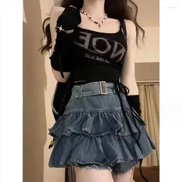 Skirts Y2k Denim Skirt Kawaii Girl Sweet Womens 2024 Summer Pleated Casual High Waist Gothic Mini A Word Jean P1192