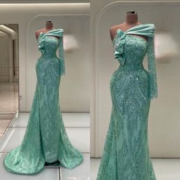 Elegant Mermaid Evening Dresses One Shoulder Prom Gowns Sequins Long Sleeve Glitter Formal Party Dresses Custom Made