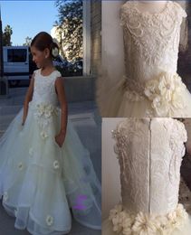 Cute White ivory Lace beading organza flowers girls dresses 2015 Floor lengthe handmade flowers sashes Girls Party dresses Custom 8405479