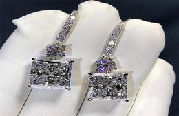 Victoria Luxury Jewelry 925 Sterling Silver Princess Cut White Topaz Platinum Plated CZ Diamond Dangle Earring Women Bridal Hook E6481344