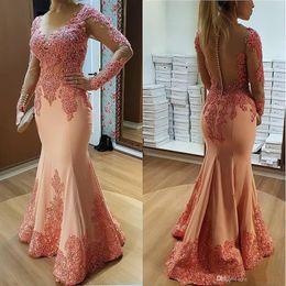 Peach Pink Mermaid Mother of the Bride Dresses Long Sleeve Lace Beaded Formal Evening Party Gowns for Wedding Guest Dress324D