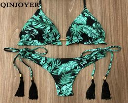 2019 Sexy Halter Swimsuit Women Thong Micro Bikini String Padded Swimwear Brazilian Bikini Bandage Tropical Plant Print Swimsuit6418637