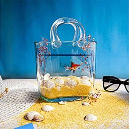 Vases Handbag Vase Fish Tank Clear Glass Flower Vases Air Bubbles Hand Purse Vase Desktop Tulip Flowers Basket Living Room Ornaments YQ240117