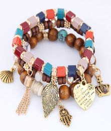 Vintage Wooden Beads Bracelets Bangles Multi Charms Bracelet Three Lines Bracelets For Women Bijoux Pulseira Jewelry6205147