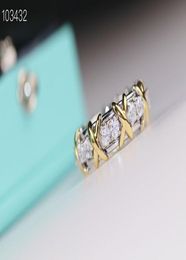Vintage Schlumberger Brand S925 Sterling Silver Gold Cross Zircon Wedding Ring For Women Jewelry1060259