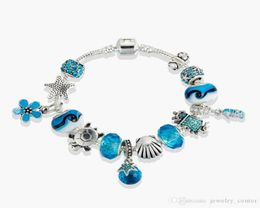 Fine Jewellery Authentic 925 Sterling Silver Bead Fit P Charm Bracelets Star Charms Bracelet Blue Murano Glass Safety Chain Pe1208076