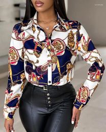 Women's T Shirts Tops Womens 2024 Fashion Scarf Pattern Print Buttoned Long Sleeve Casual Top Turn-Down Collar Sleeved Shirt