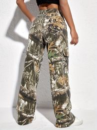 Лоскутные пуговицы, повседневные свободные широкие брюки для женщин, камуфляжные джинсы с высокой талией, женская модная одежда, новинка 2023 года, 2401171