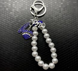 Keychains ZETA PHI BETA Sorority Society Rhinestone Heartshaped Metal Pendant White Bead Chain Key Ring7355641