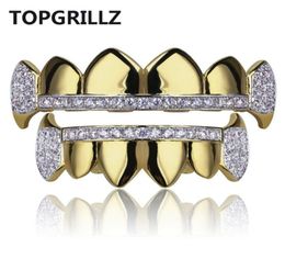 TOPGRILLZ Gold Hip Hop Teeth Grillz Micro Pave Cubic Zircon TopBottom Vampire Fangs Teeth Grills Set Holleween Gift Idea5636214