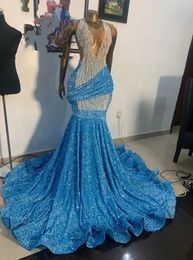 Blue Sheer O Neck Long Mermaid Prom Dresses For Black Girls 2024 Beaded Crystal Birthday Party Gown Sparkly Sequined Evening Dresses
