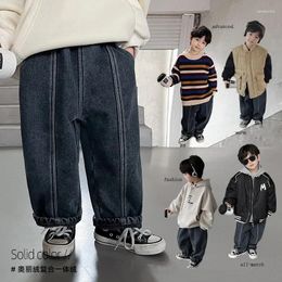 Trousers Children Casual Warm Denim Pants 2024 Winter Korean Style Baby Temperament Fleece Thick Boy Fashionable Kids Jeans