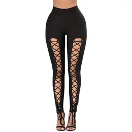 Women's Leggings Lace Up Pants Chic High Waist Hollow Out Drawstring Bandage Cut Trousers For Women
