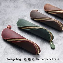 Retro Vintage Leather Pencil Case Leather Handmade Purse Pouch Bag Box Make Up Cosmetic Pen Case Student Stationery Storage Bag 240116