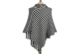 SexeMara Turtleneck Striped Ponchos And Capes Long Womens Knitted Cape Poncho Femme Ladies V Neck Sweaters BlackWhite4976655