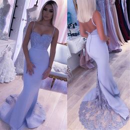 Spaghetti Straps Bridesmaid Dresses Button Backless Mermaid Lilac Lace 2020 Beaded Appliques Wedding Party Gown Robe demoiselle217D
