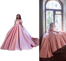 2021 Lovely Pink Flower Girl Dresses For Weddings Jewel Neck Crystal Beads Short Sleeves With Bow Satin Girls Pageant Dress Kids C9008332