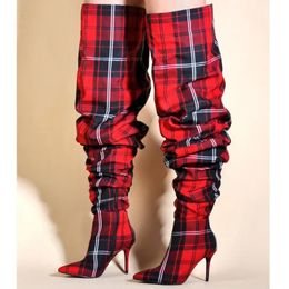 European and American Fashion Plaid Over Knee Sleeve Boots Women's Sexy Nightclub Stage Runway Boots Denim Long Boots 240116