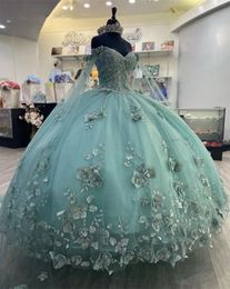 Green Princess Off Sage the Shoulder Ball Gown Quinceanera Dresses for Girls Beaded Celebrity Party Gowns 3D Flowers with Cape s