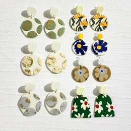 Dangle Earrings AENSOA Handmade Flower Pattern Polymer Clay For Women Unusual Geometric Round White Floral Drop Jewellery 2024