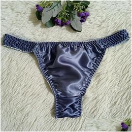 Underpants Thongs Men Silk Satin Underwear Man Bge Pouch G-String Soft Smooth Panties Comfortable Elastic Solid Knickers Drop Deliver Dhkgu