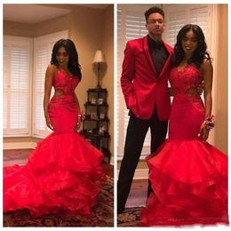 2019 Red African Black Girls Mermaid Prom Dresses Evening Wear Cutaway Lace Appliques Beads Tiered Evening Gowns Party Vestido2610