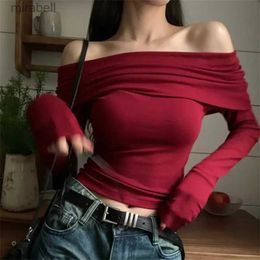 Women's Blouses Shirts Sexy Tops Off Shoulder Long Sleeve Crop Top Women's Autumn/Winter 2023 New Spicy Girl Slim Fit Short Red T-shirt YQ240117