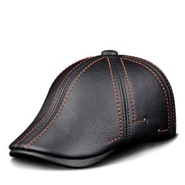 Cowhide Genuine Leather Men Berets Cap Hat High Quality Fashion Mens Real Adult Striped Black Hats 240116