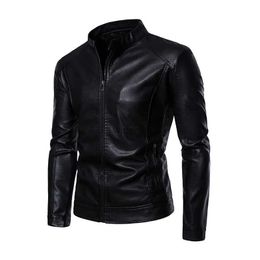 Men's Leather Faux Leather Autumn and winter leather jacket motorcycle jacket men's casual motorcycle stand collar plush warm top racing suits M-4XL