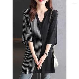 Women's Blouses 2024 Summer Korean Irregular Knitting V-neck Blouse Women Clothing Fashion Patchwork Loose T-Shirt Ladies All-match Striped