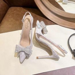 Dress Shoes 2024 White Women's Wedding Pumps Skinny Heel Pointed Crystal Bow Head French Summer Bridal