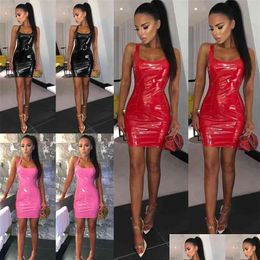 Basic & Casual Dresses Women Pencil Dress Summer Fashion Y Ladies Pu Leather Bandage Bodycon Strap Sleeveless Party Mini Black Pink R Dhet8