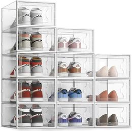 12 Pack Large Shoe Storage Organiser Boxes for Closet Fit Size 11 Clear Plastic Stackable Sneaker Containers Bins with Lids 240116