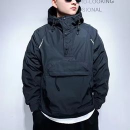 Spring and Autumn Men's Pocket Jackets Hoodie Hip Hop Harajuku Streetwear Fashion Casual Jacket Half-zip Male Loose Coats Top 240117