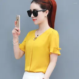 Women's Blouses Women Spring Summer Style Chiffon Blosues O-Neck Short Flare Sleeve Blusas Casual Yellow Pink Red White Tops DF2633