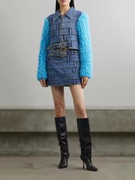 Women's Jackets Unique Patchwork Short Jacket Chic Versatile Dopamine Blue Plush Sleeve Women Clothing 2024 Winter