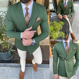 Handsome Dark Green Men Wedding Tuxedos Double Breasted Groom Jacket Suits Party Prom Blazer Clothes Business Wear One Piece295a