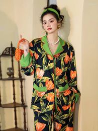 Women's Sleepwear Ice Tulip Printed Pyjama Set Retro Romantic Long Sleeved Pyjamas Two-piece Suit Can Be Worn Outdoors In Spring And