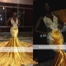 Black Girl Yellow Velvet Long Mermaid Prom Dresses Halter V Neck Lace Appliques Evening Gowns Backless Sweep Train Vestidos BC0662316i