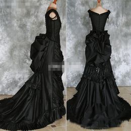 Black Gothic Wedding Dresses 2018 Off Shoulder Ruffles Crystals Satin Chapel Train Costume Dress Lace Victorian Bridal Gowns Custo257D